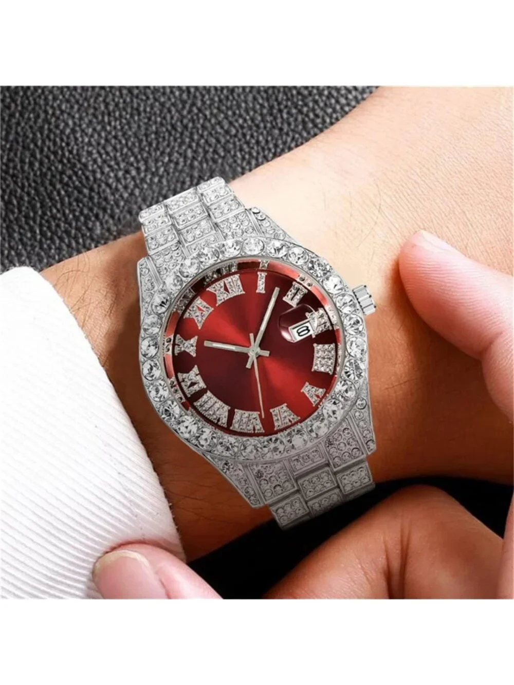Unisex Silver Red Crystal Diamond Quartz Analog Fashion Roman Big Hip Hop Watch